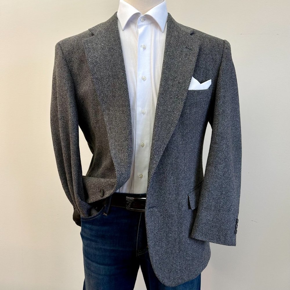 TOWNCRAFT Mens Blazer Sport Coat Jacket 44R Wool/Lamb Wool Herringbone Gray